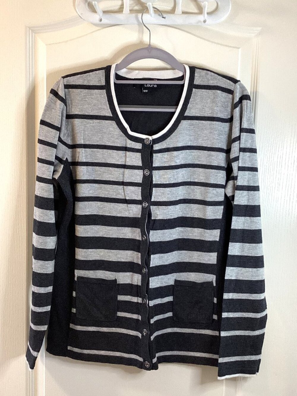 Laura Woman's Grey Black Striped Button Front Knit Crewneck Cardigan Size M